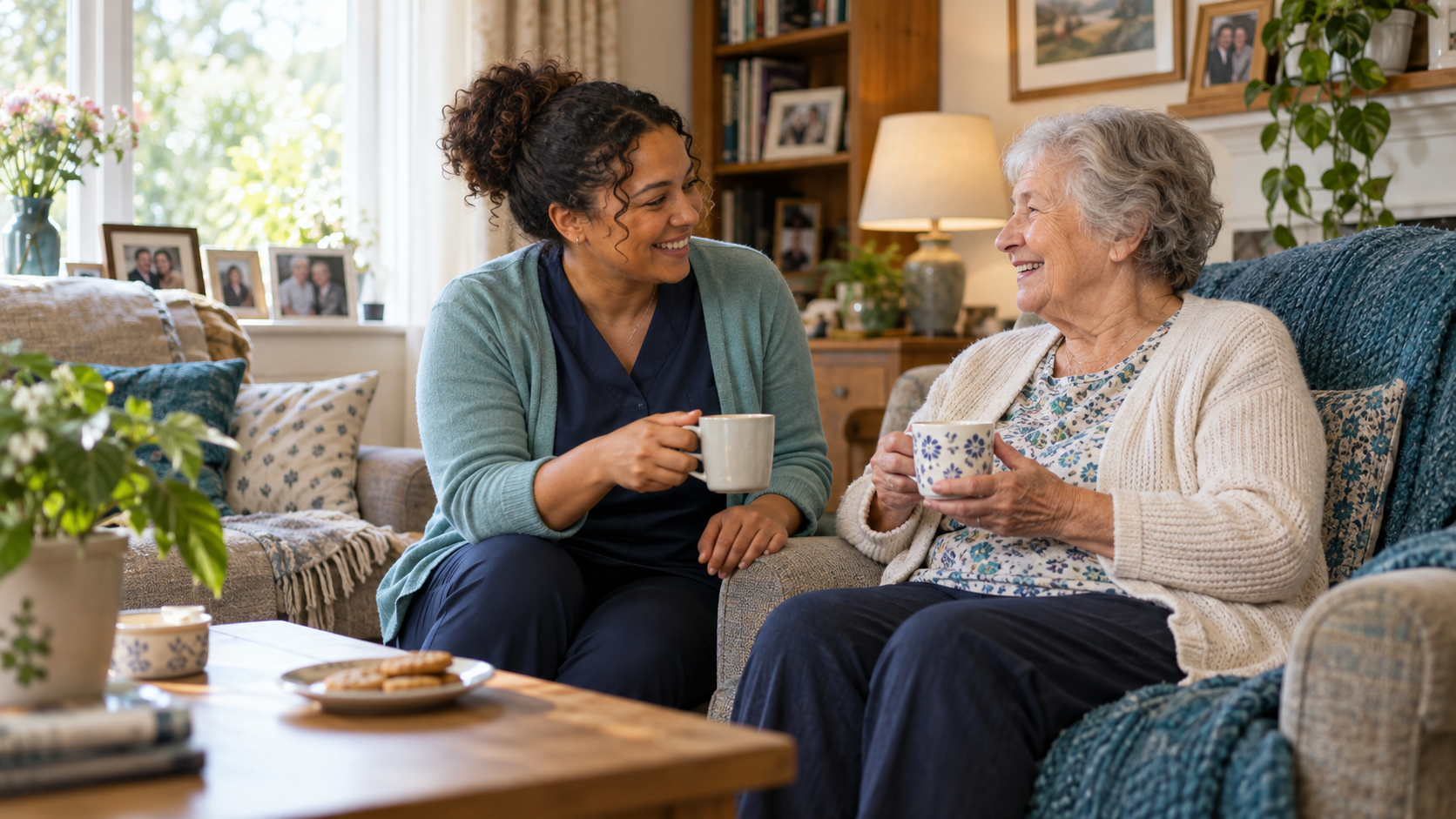 A WellTrust home care professional sharing a warm conversation with an older client in her own living room